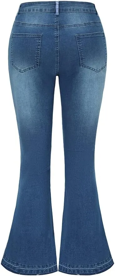 THUNDER STAR Women Patchwork Flare Jeans Stretch High Waisted Bell Bottom Raw Hem Denim Pants