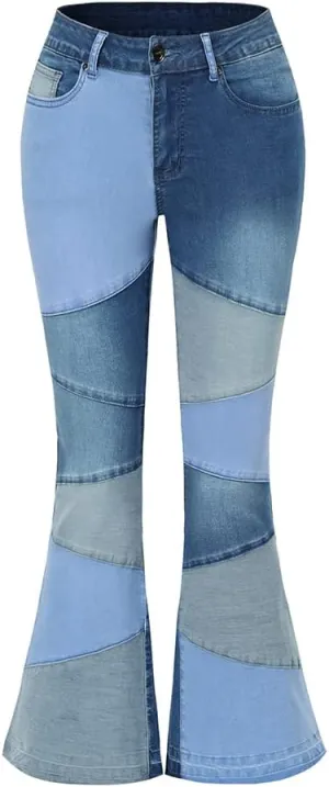THUNDER STAR Women Patchwork Flare Jeans Stretch High Waisted Bell Bottom Raw Hem Denim Pants