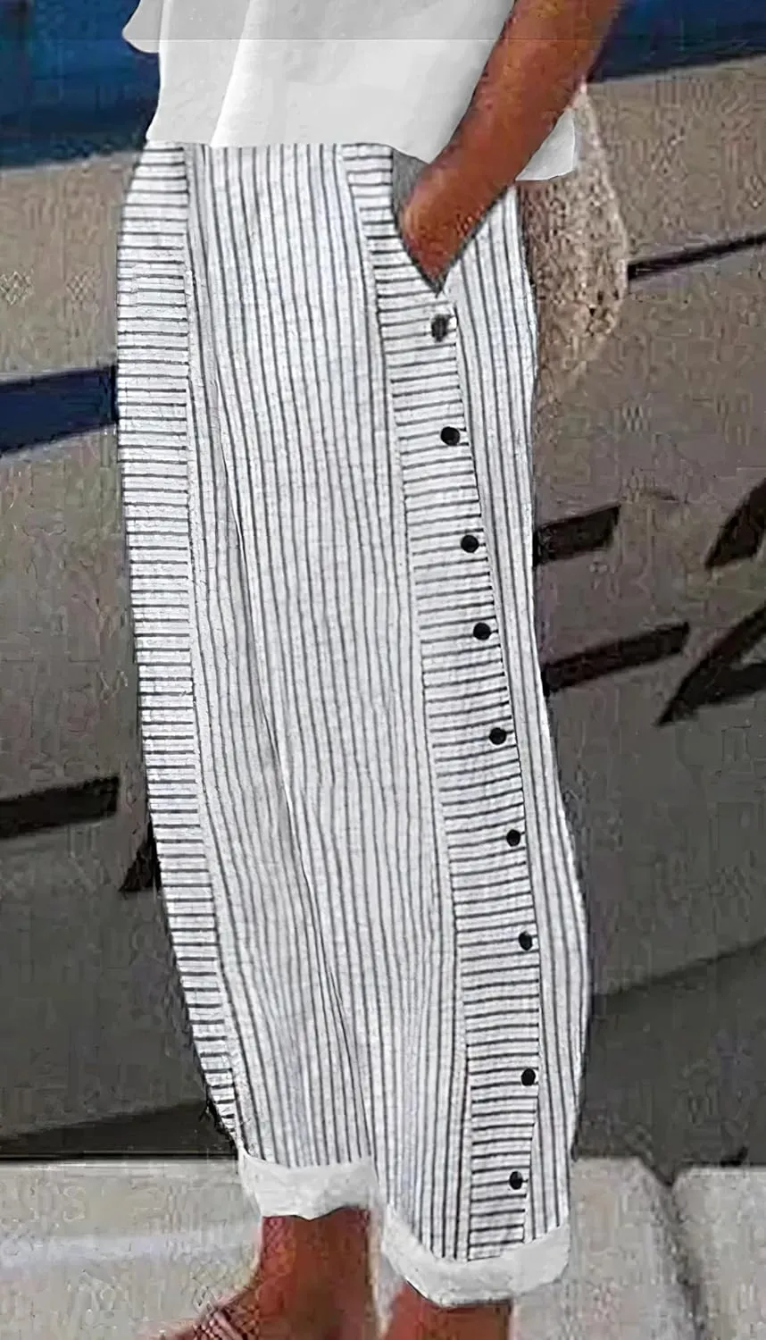 TIAFORD Womens Summer Stripe Linen Pants Casual Side Button Elastic Waisted Lightweight Loose Trousers with Pockets