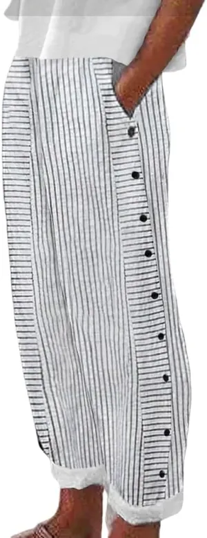 TIAFORD Womens Summer Stripe Linen Pants Casual Side Button Elastic Waisted Lightweight Loose Trousers with Pockets