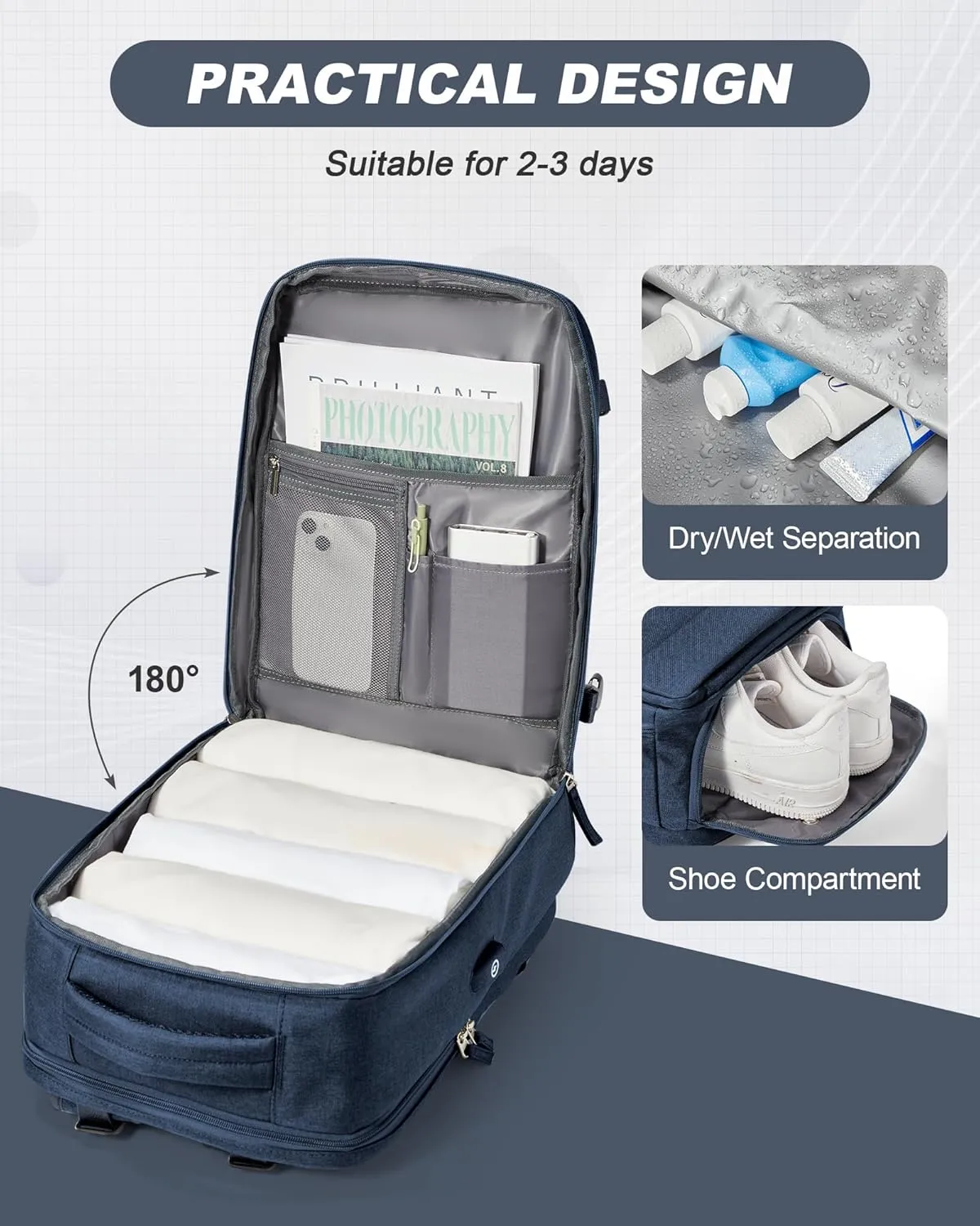 Travel Backpack for Men Women Carry On Backpack Flight Approved Laptop Backpack Luggage Backpack Weekender Bag for Outdoor Hiking Business Trip Dark Blue