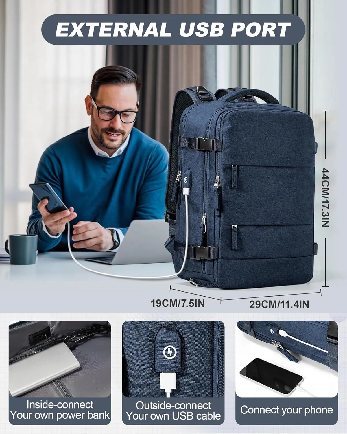 Travel Backpack for Men Women Carry On Backpack Flight Approved Laptop Backpack Luggage Backpack Weekender Bag for Outdoor Hiking Business Trip Dark Blue