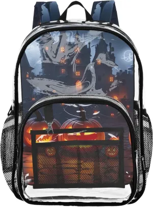 Travel Clear Backpack Floral Castle Pumpkins Halloween Lights Girls Backpack Kids Boys Large Plastic Approved Bag