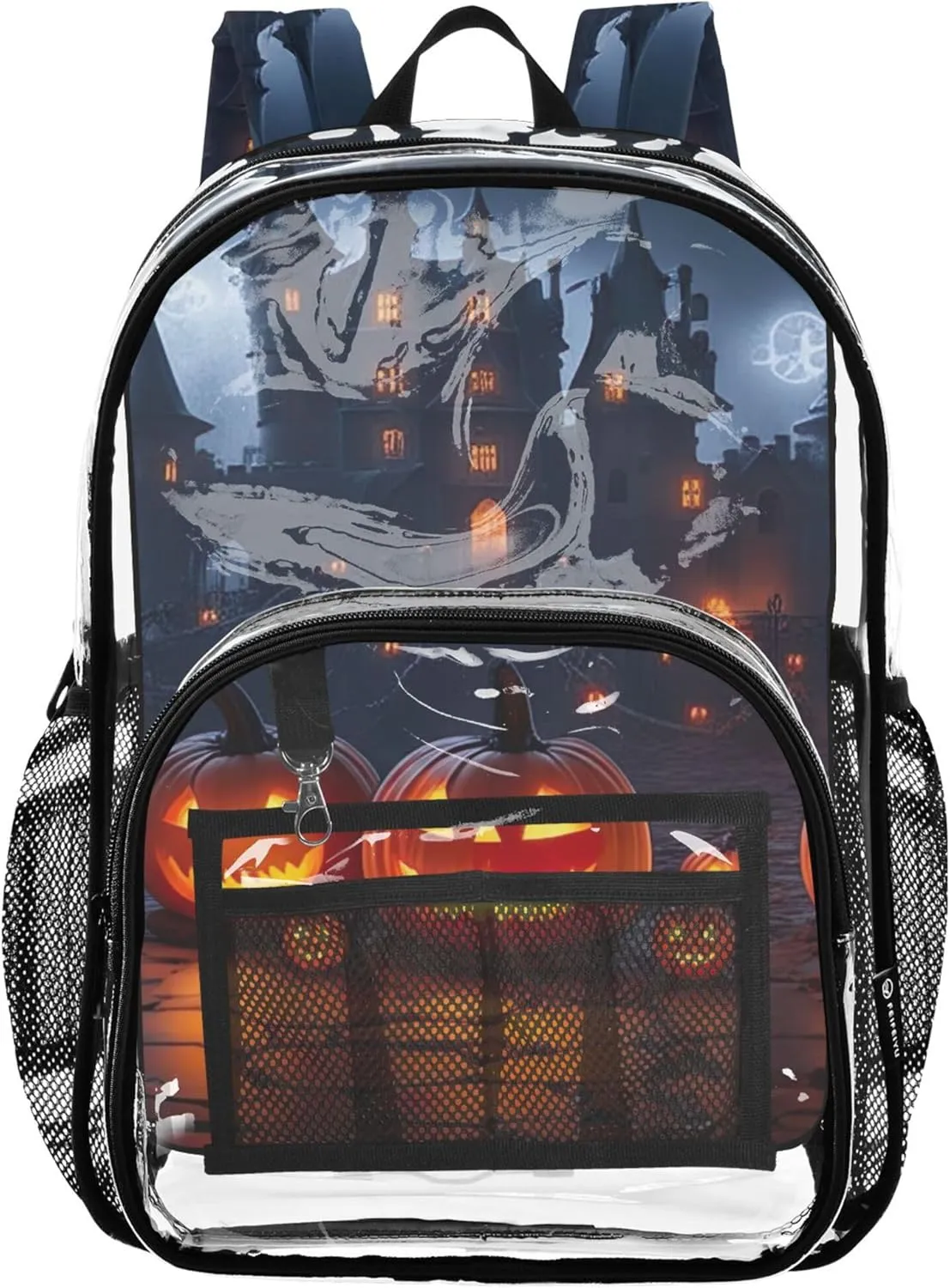 Travel Clear Backpack Floral Castle Pumpkins Halloween Lights Girls Backpack Kids Boys Large Plastic Approved Bag