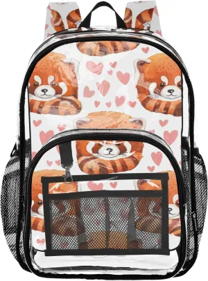 Travel Clear Bags for Women Cute Red Pandas Heart Boys Backpacks for Girls Approved Plastic Bag Large