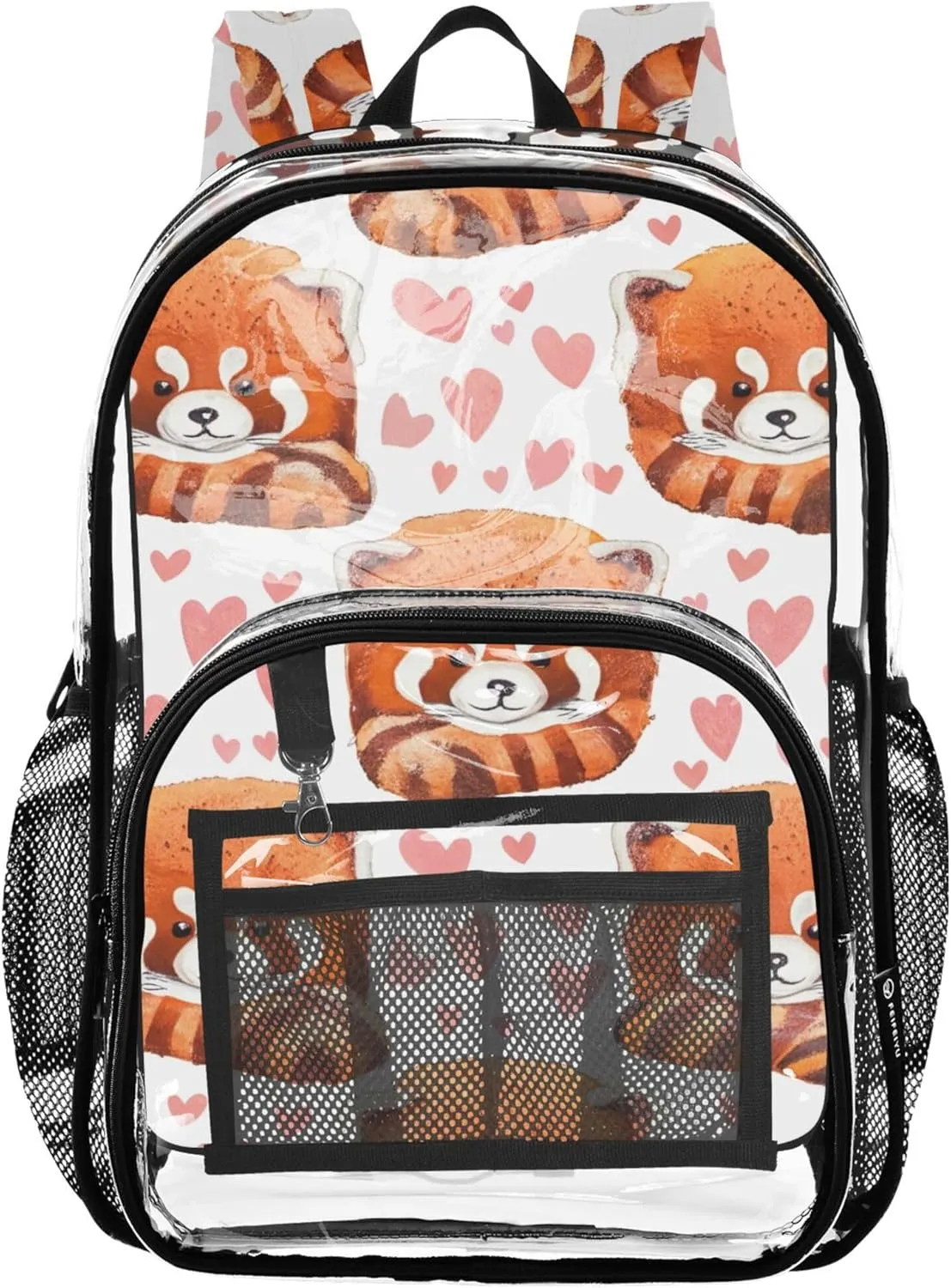 Travel Clear Bags for Women Cute Red Pandas Heart Boys Backpacks for Girls Approved Plastic Bag Large
