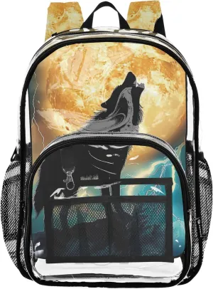 Travel Clear Bags for Women Kids Backpack Boys Girls Approved See through Bag Silhouette Wolf Howling Moon