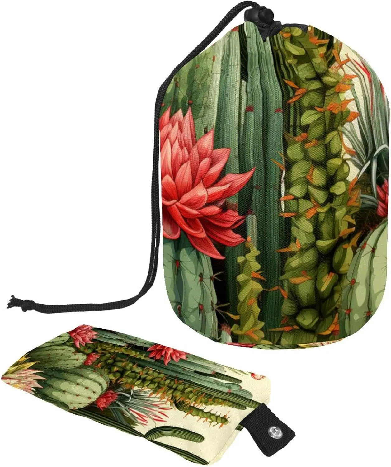 Travel Cosmetic Bags bucket Makeup Bag, Art Colorful Floral Cactus Women Portable Foldable Cases, Multifunctional Toiletry Bucket Bags Round Organizer Storage