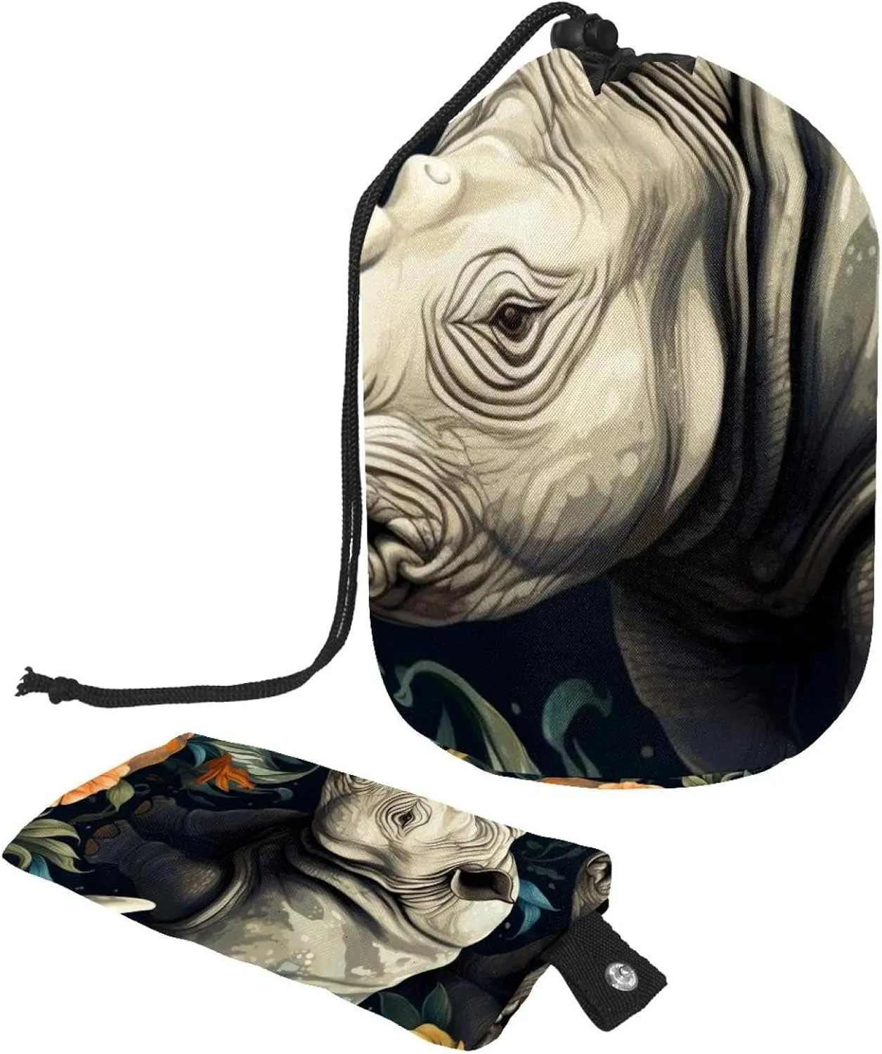 Travel Cosmetic Bags bucket Makeup Bag, Art Flowers Rhino 42 Women Portable Foldable Cases, Multifunctional Toiletry Bucket Bags Round Organizer Storage