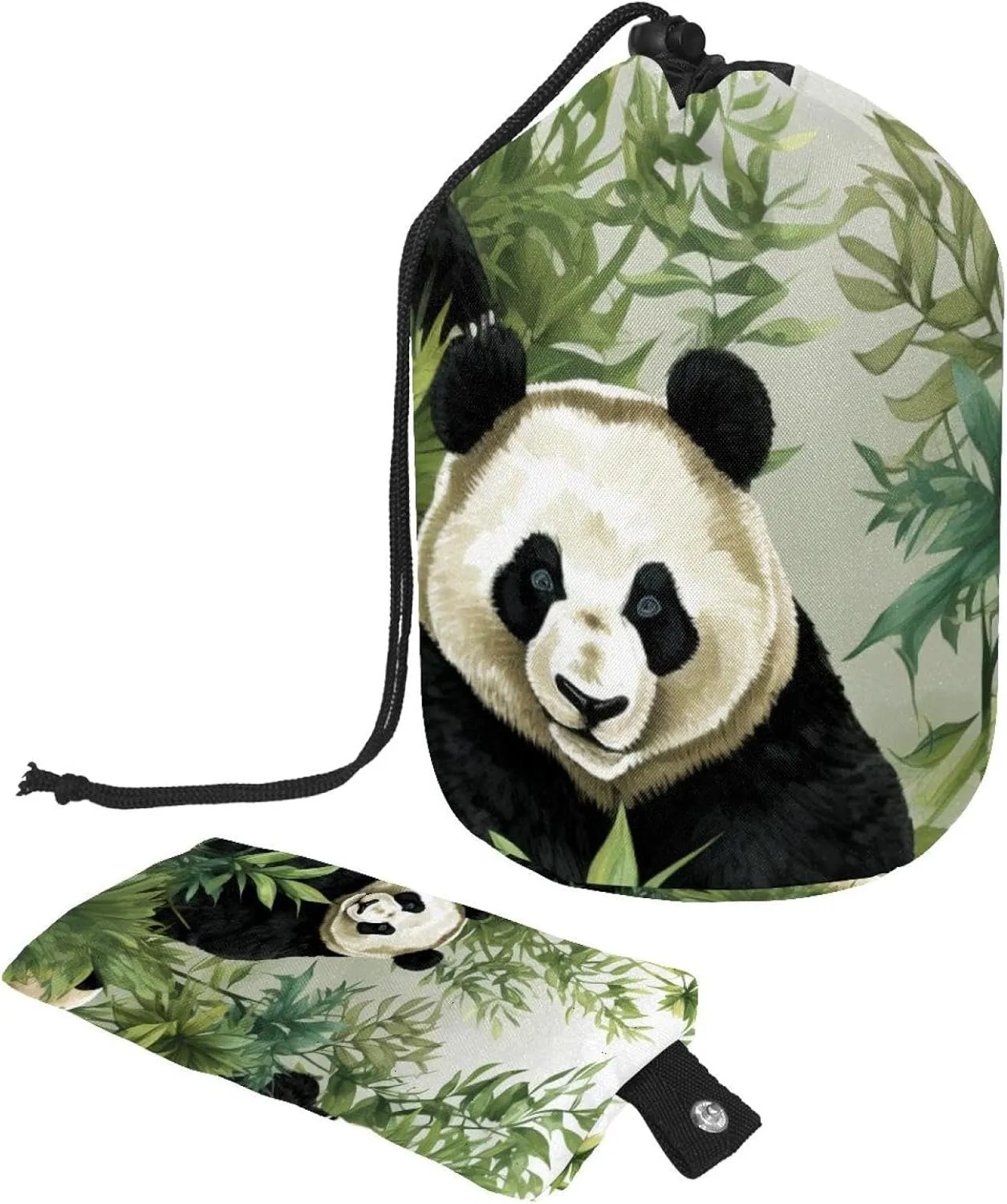 Travel Cosmetic Bags bucket Makeup Bag, Art Panda with Bamboo Pattern Women Portable Foldable Cases, Multifunctional Toiletry Bucket Bags Round Organizer Storage