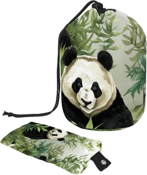Travel Cosmetic Bags bucket Makeup Bag, Art Panda with Bamboo Pattern Women Portable Foldable Cases, Multifunctional Toiletry Bucket Bags Round Organizer Storage