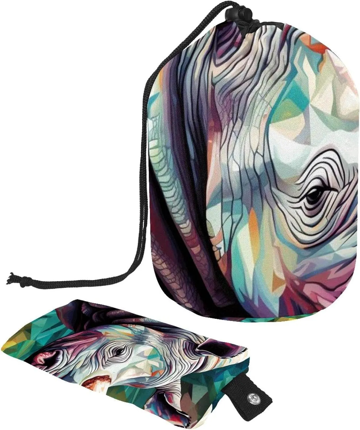 Travel Cosmetic Bags bucket Makeup Bag, Art Rhino Pattern 22 Women Portable Foldable Cases, Multifunctional Toiletry Bucket Bags Round Organizer Storage