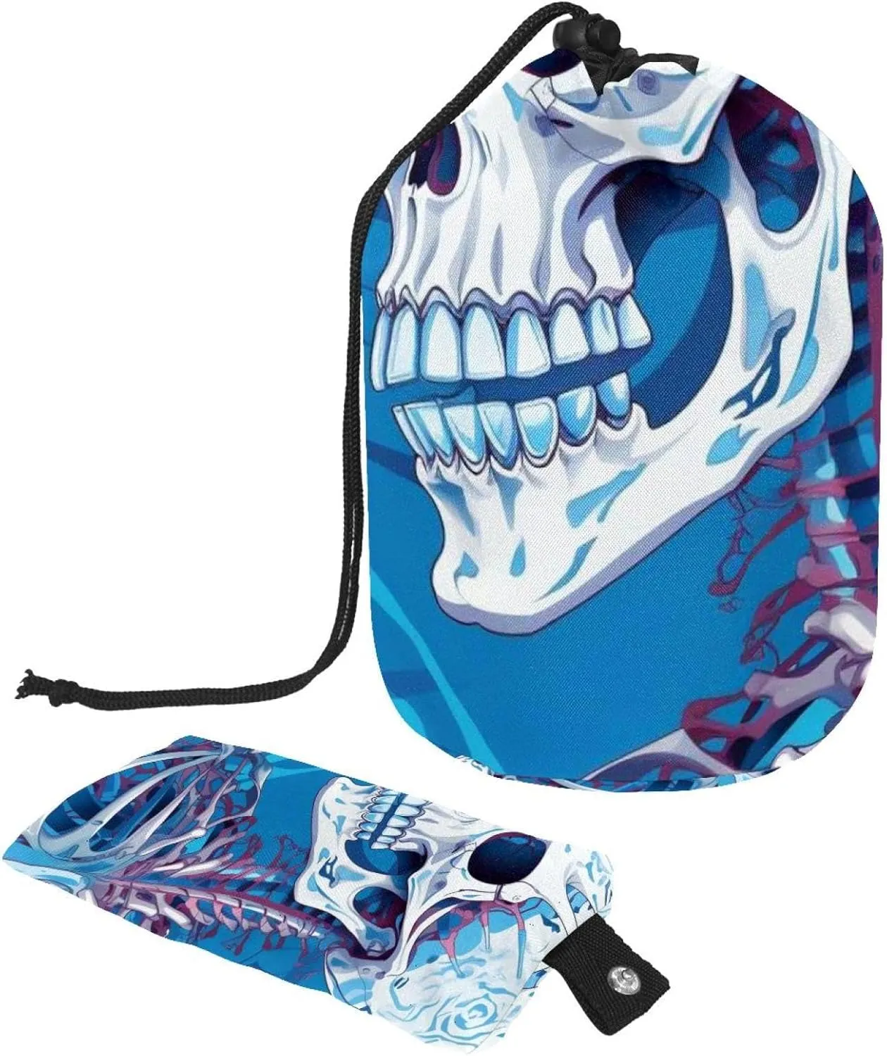 Travel Cosmetic Bags bucket Makeup Bag, Blue Skeleton Women Portable Foldable Cases, Multifunctional Toiletry Bucket Bags Round Organizer Storage