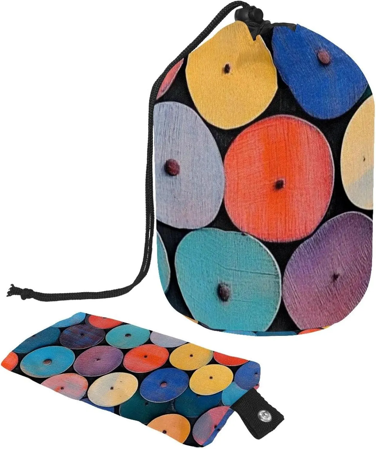 Travel Cosmetic Bags bucket Makeup Bag, Colorful Circle Discs 58 Women Portable Foldable Cases, Multifunctional Toiletry Bucket Bags Round Organizer Storage
