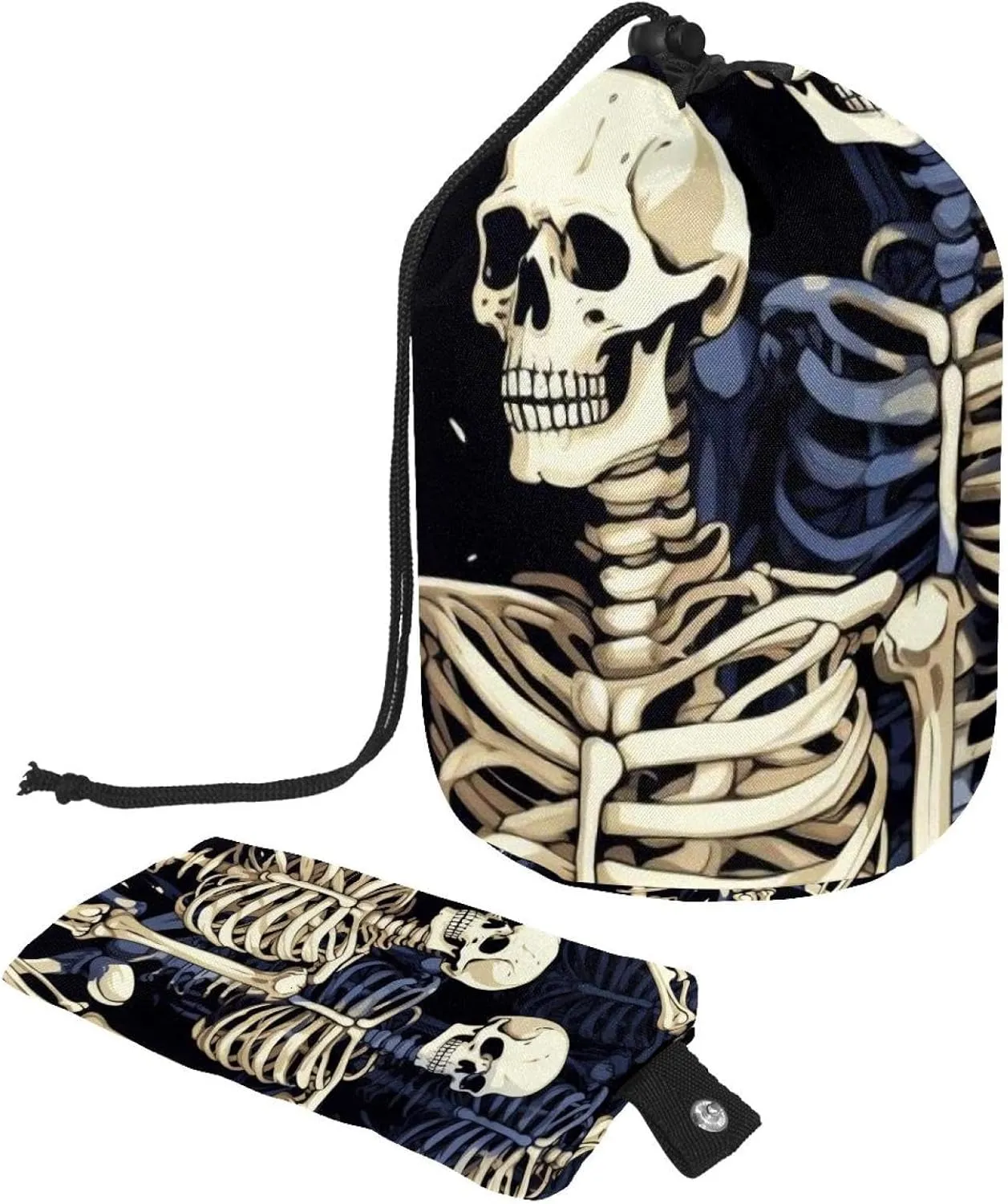Travel Cosmetic Bags bucket Makeup Bag, Cool Dark Skeletons Women Portable Foldable Cases, Multifunctional Toiletry Bucket Bags Round Organizer Storage