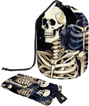 Travel Cosmetic Bags bucket Makeup Bag, Cool Dark Skeletons Women Portable Foldable Cases, Multifunctional Toiletry Bucket Bags Round Organizer Storage