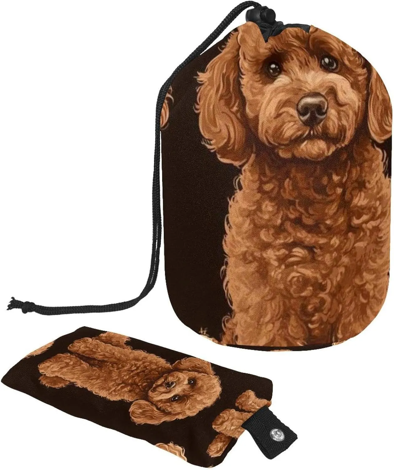 Travel Cosmetic Bags bucket Makeup Bag, Cute Fun Brown Poodle Dogs 50 Women Portable Foldable Cases, Multifunctional Toiletry Bucket Bags Round Organizer Storage