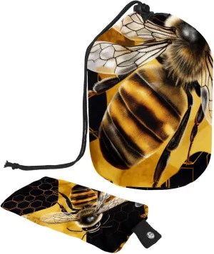 Travel Cosmetic Bags bucket Makeup Bag, Golden Bee Women Portable Foldable Cases, Multifunctional Toiletry Bucket Bags Round Organizer Storage
