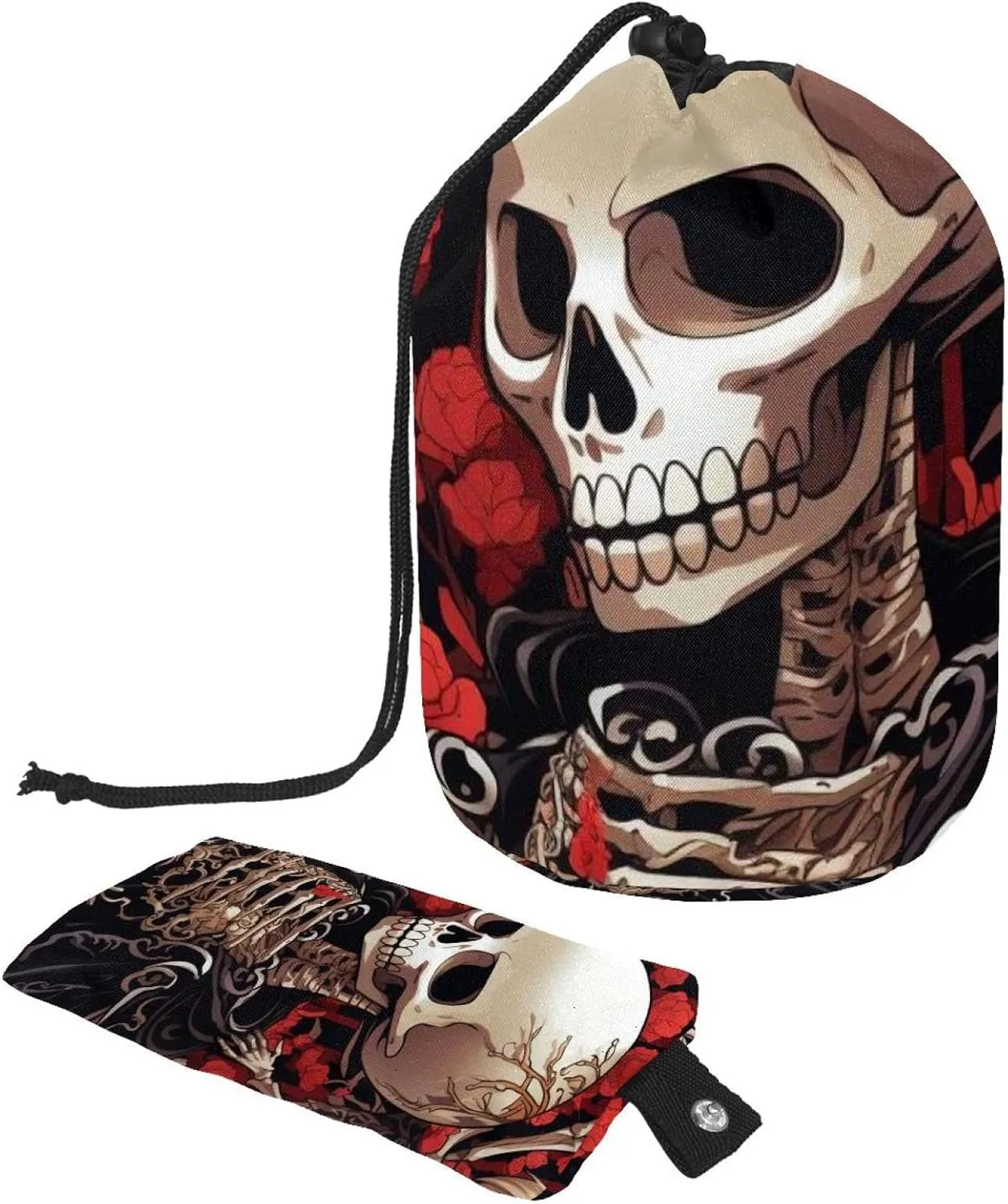 Travel Cosmetic Bags bucket Makeup Bag, Red Flower Skull Family Women Portable Foldable Cases, Multifunctional Toiletry Bucket Bags Round Organizer Storage