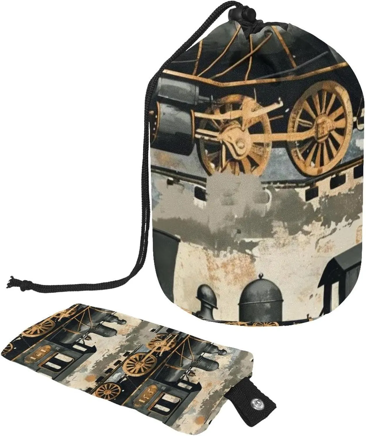 Travel Cosmetic Bags bucket Makeup Bag, Retro Steam Engine 66 Women Portable Foldable Cases, Multifunctional Toiletry Bucket Bags Round Organizer Storage