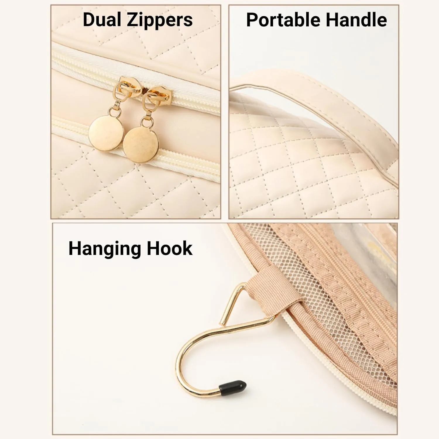 Travel Toiletry Bag, Waterproof Cosmetic Bag with Hanging Hook, Large Capacity Toiletries Bag, Makeup Bag for Traveling, Cosmetic Organizer Case for Women (Beige)