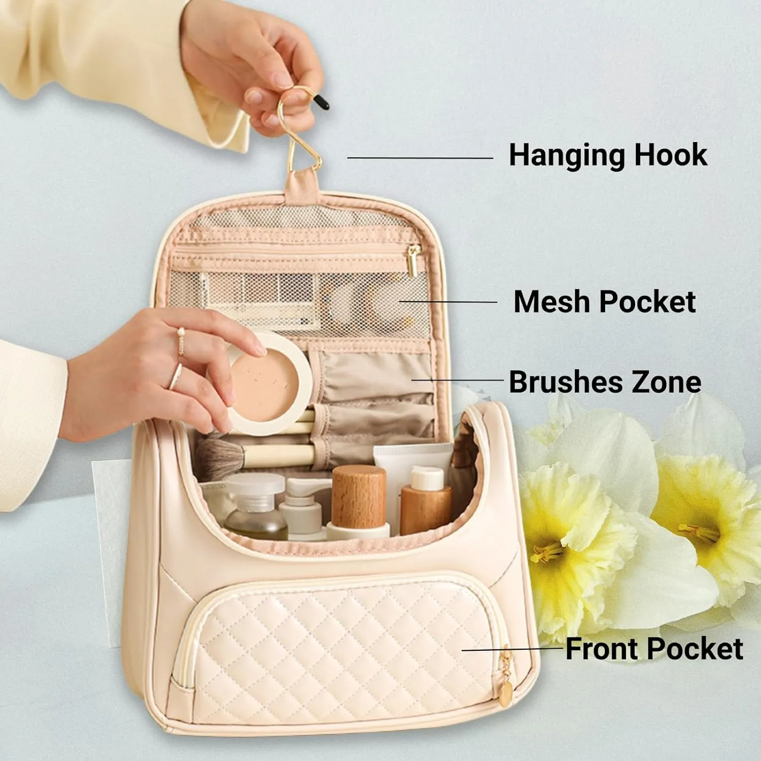 Travel Toiletry Bag, Waterproof Cosmetic Bag with Hanging Hook, Large Capacity Toiletries Bag, Makeup Bag for Traveling, Cosmetic Organizer Case for Women (Black)