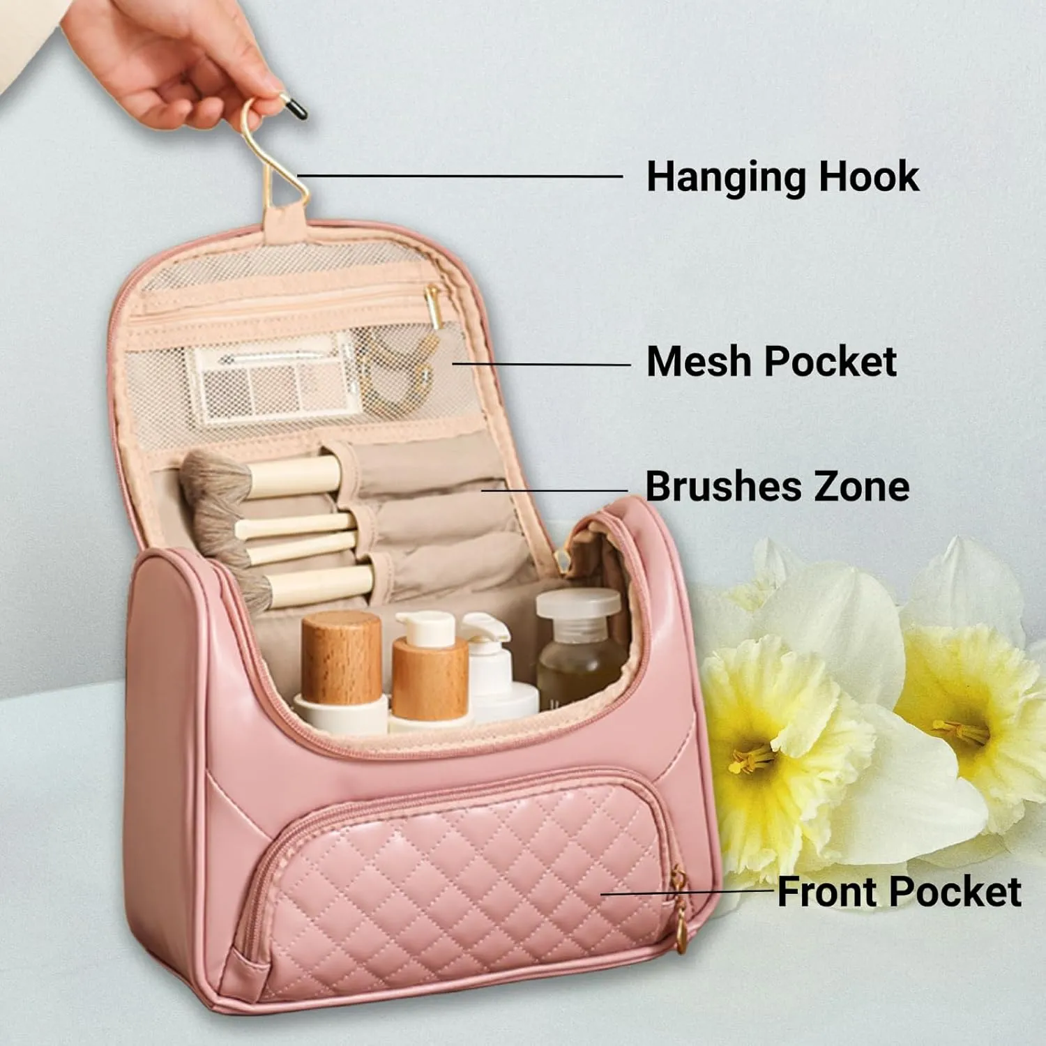Travel Toiletry Bag, Waterproof Cosmetic Bag with Hanging Hook, Large Capacity Toiletries Bag, Makeup Bag for Traveling, Cosmetic Organizer Case for Women (Pink)