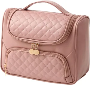 Travel Toiletry Bag, Waterproof Cosmetic Bag with Hanging Hook, Large Capacity Toiletries Bag, Makeup Bag for Traveling, Cosmetic Organizer Case for Women (Pink)