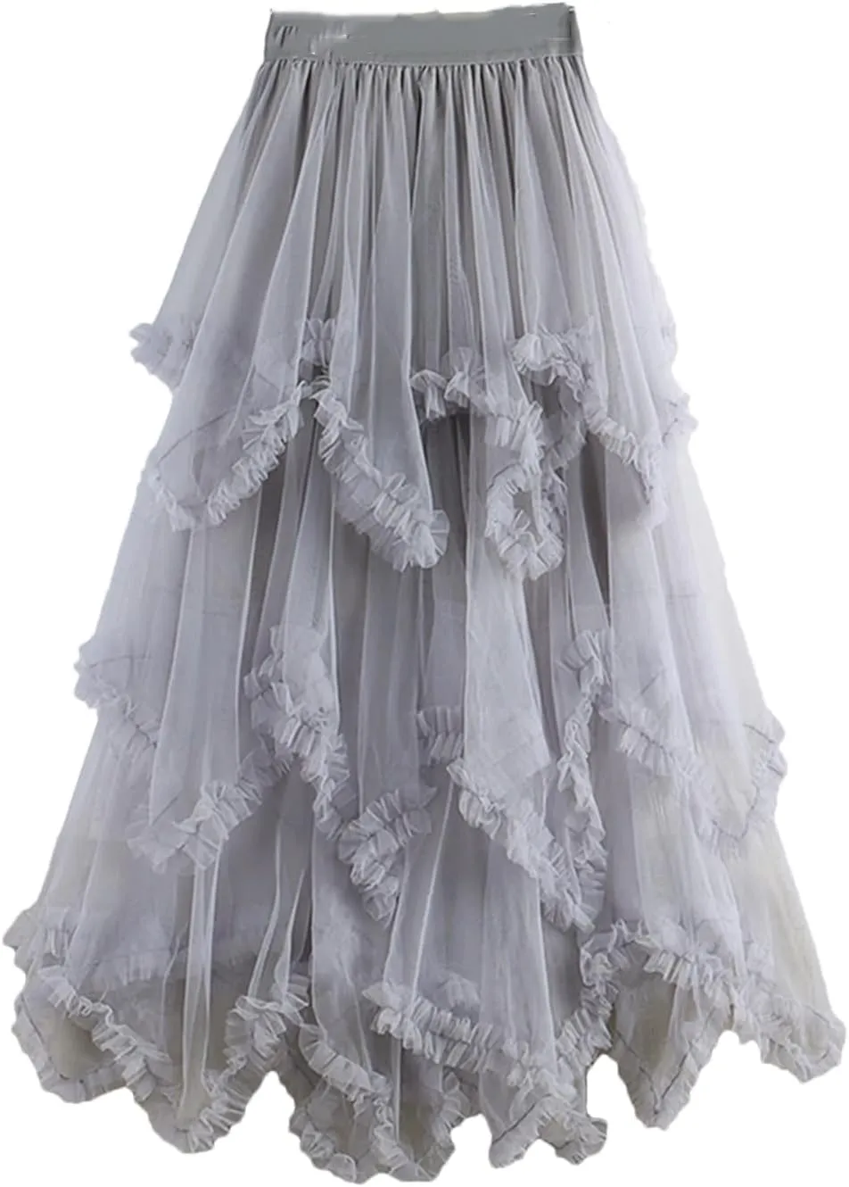 Tulle Long Skirt for Women Summer Irregular Mesh High Waist Maxi Skirt Pleated A-Line Swing Midi Skirt
