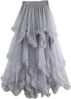 Tulle Long Skirt for Women Summer Irregular Mesh High Waist Maxi Skirt Pleated A-Line Swing Midi Skirt