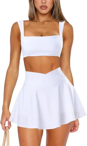 Two Piece Tennis Skirt Sets for Women 2 Piece Mini Skirt Set Going Out Golf Skort Athletic Skirt Pickleball Outfit