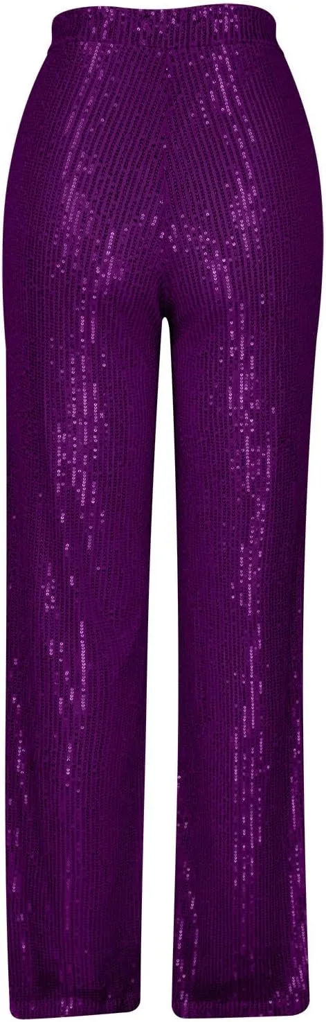 Uillui Sequin Palazzo Pants Women Fashion Glitter Sparkle Wide Leg Trousers for Party High Waist Straight Shimmer Long Pants