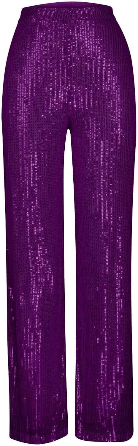 Uillui Sequin Palazzo Pants Women Fashion Glitter Sparkle Wide Leg Trousers for Party High Waist Straight Shimmer Long Pants