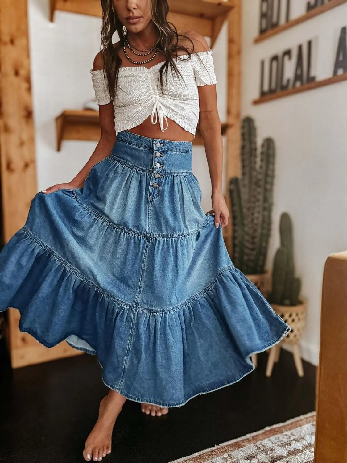 utcoco Women's High Waist Long Denim Skirt Button-Fly Tiered Ruffle Swing A-Line Jean Maxi Skirt with Pockets