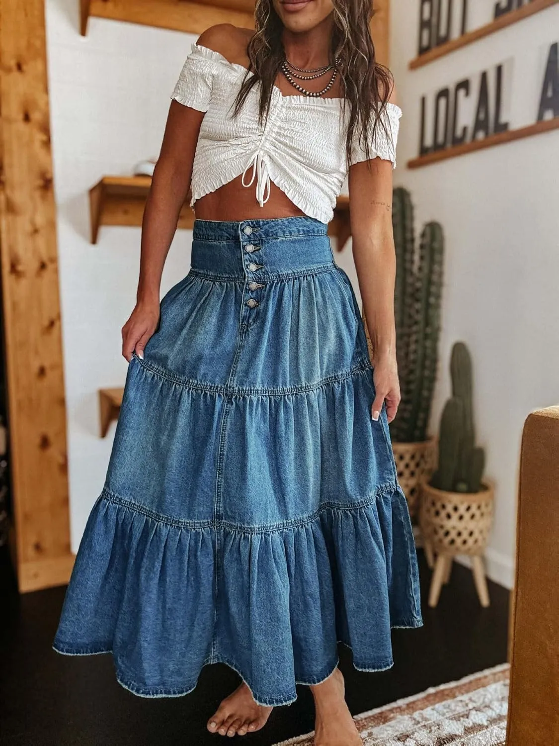 utcoco Women's High Waist Long Denim Skirt Button-Fly Tiered Ruffle Swing A-Line Jean Maxi Skirt with Pockets
