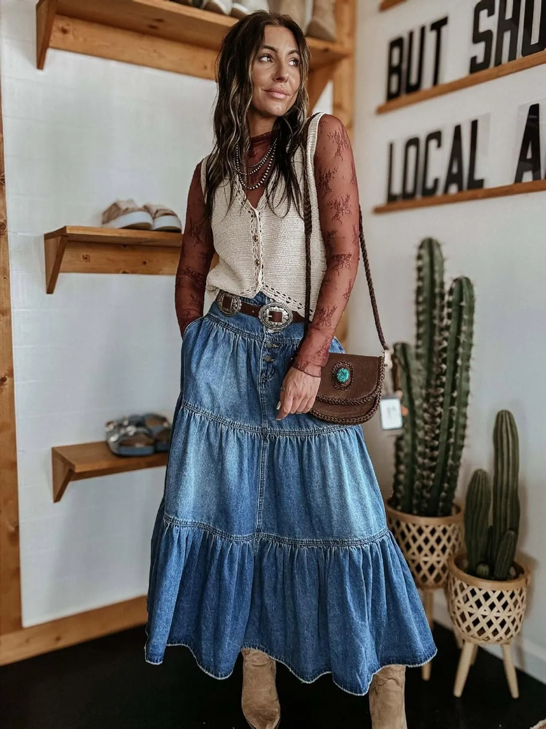 utcoco Women's High Waist Long Denim Skirt Button-Fly Tiered Ruffle Swing A-Line Jean Maxi Skirt with Pockets