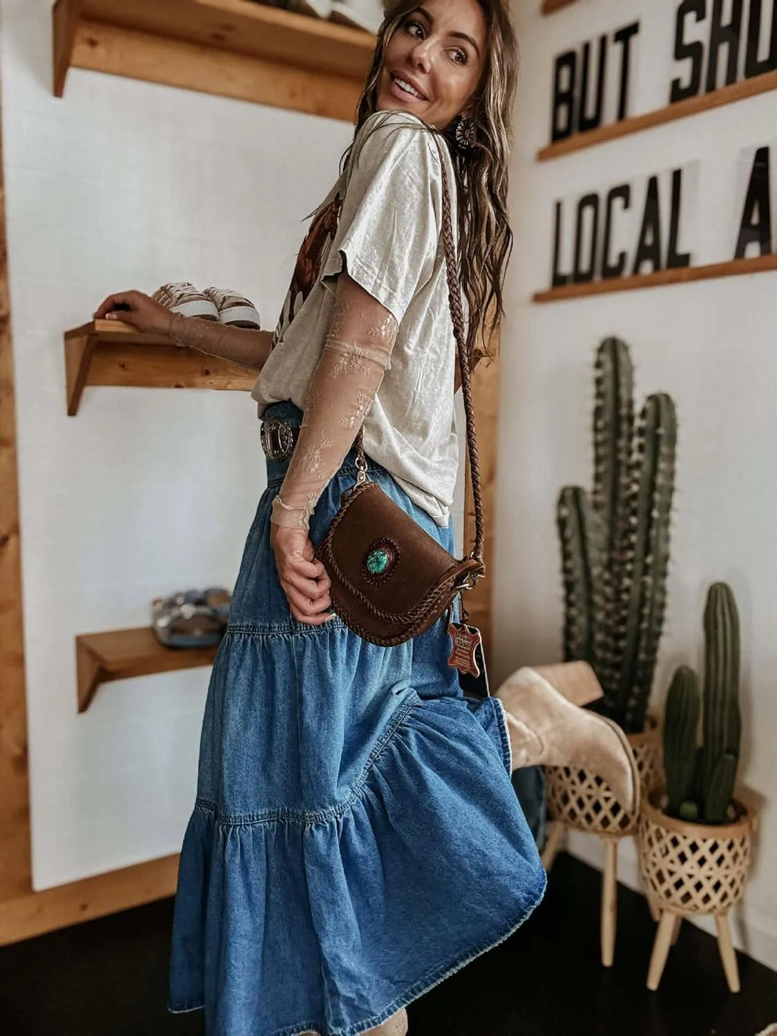 utcoco Women's High Waist Long Denim Skirt Button-Fly Tiered Ruffle Swing A-Line Jean Maxi Skirt with Pockets