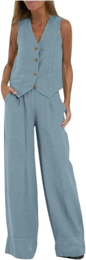 Vest Pant Suits for Women 2 Piece Outfits Linen Pant Sets Casual Button Waistcoat V Neck Crop Vest Blazer