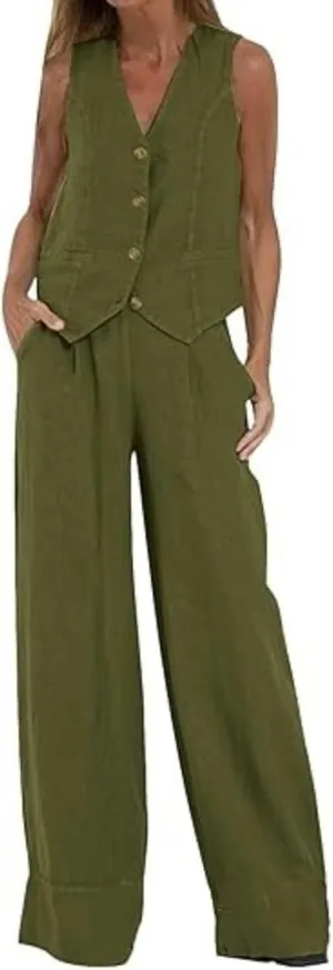 Vest Pant Suits for Women 2 Piece Outfits Linen Pant Sets Casual Button Waistcoat V Neck Crop Vest Blazer