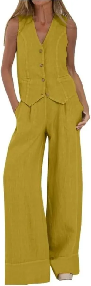 Vest Pant Suits for Women 2 Piece Outfits Linen Pant Sets Casual Button Waistcoat V Neck Crop Vest Blazer