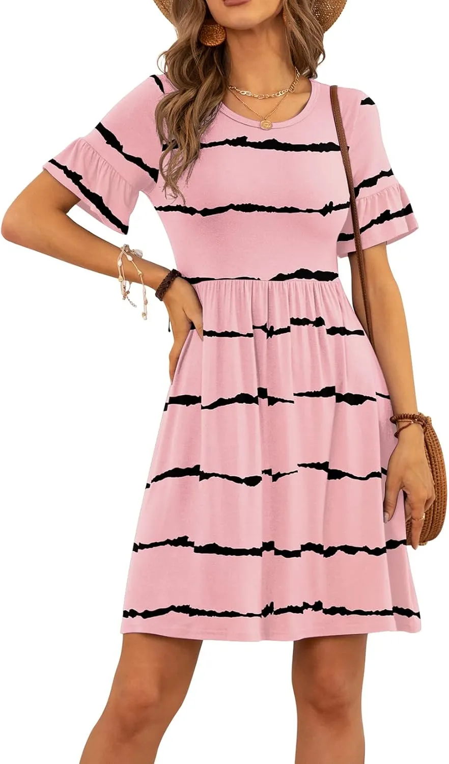 VIISHOW Women's Summer Dress Ruffle Sleeve Round Neck Mini Dress Solid Color/Floral Print Loose Comfy Swing Sundress