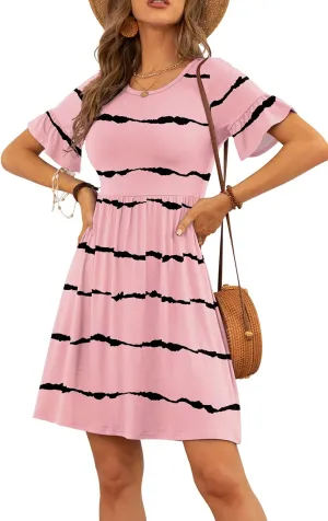 VIISHOW Women's Summer Dress Ruffle Sleeve Round Neck Mini Dress Solid Color/Floral Print Loose Comfy Swing Sundress