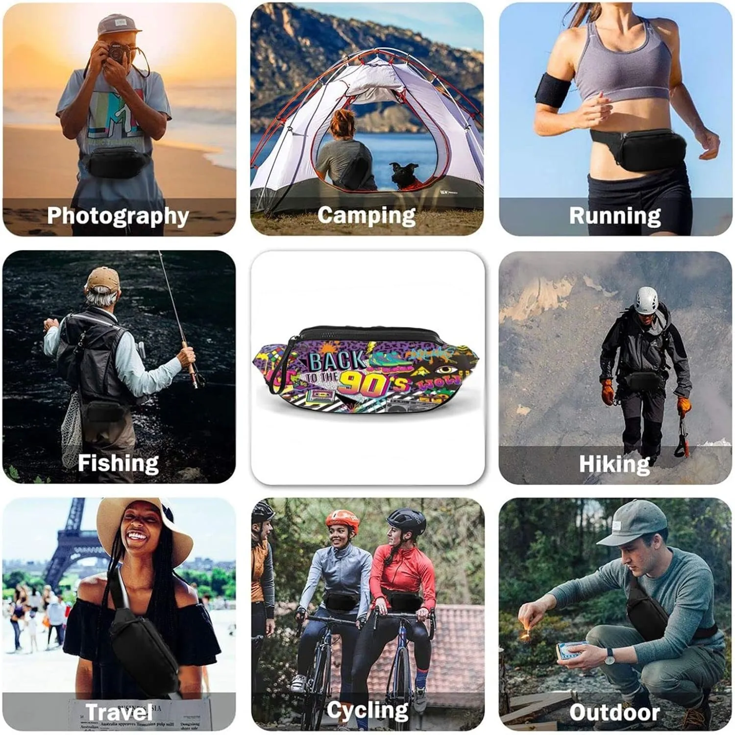 Vintage 80s 90s Fanny Pack for Women Men,Fashion Waist Pack Belt Bag Crossbody Bag for Casual Running Cycling