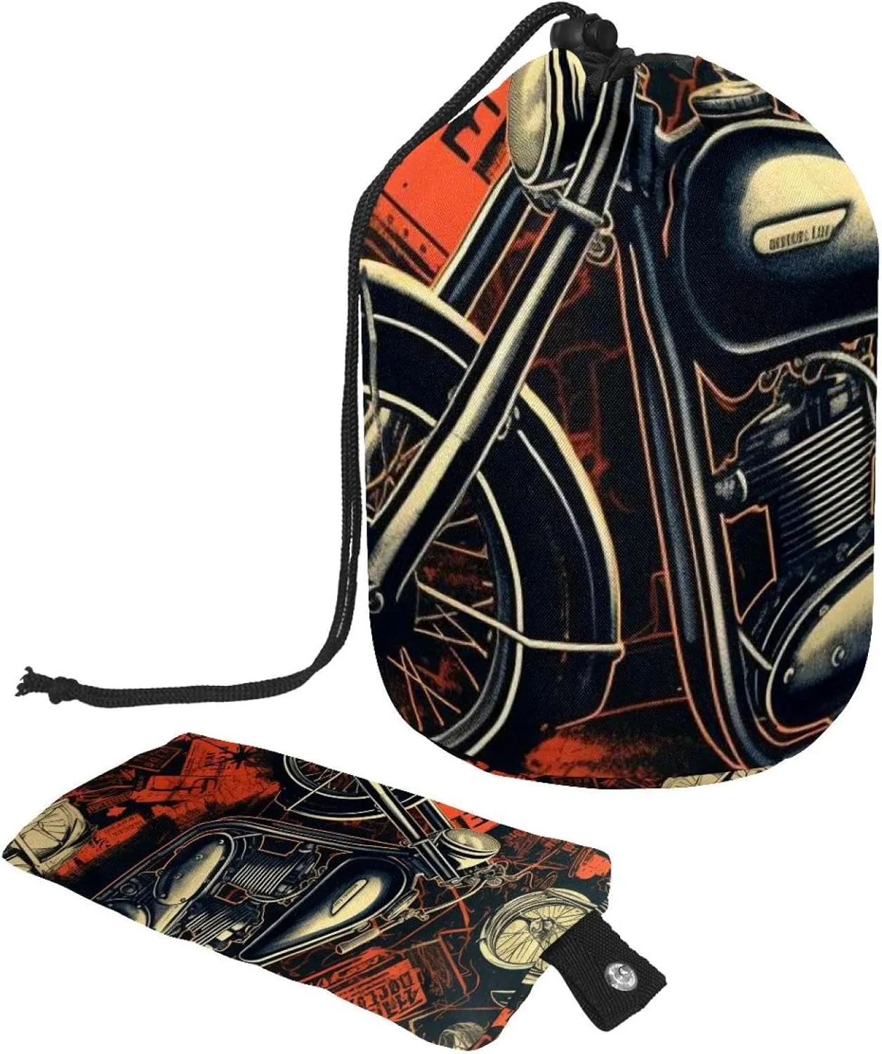 Vintage Red Motorcycle Travel Cosmetic Bags Makeup Bag for Women, Foldable Drawstring Travel Cosmetic Bags, Portable Toiletry Bucket Bag
