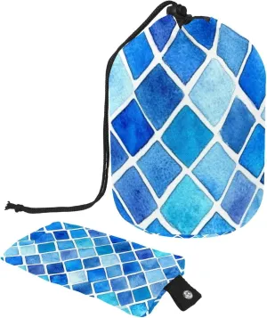 Watercolor Blue Mosaic Geometric 61 Travel Cosmetic Bags Makeup Bag for Women, Foldable Drawstring Travel Cosmetic Bags, Portable Toiletry Bucket Bag
