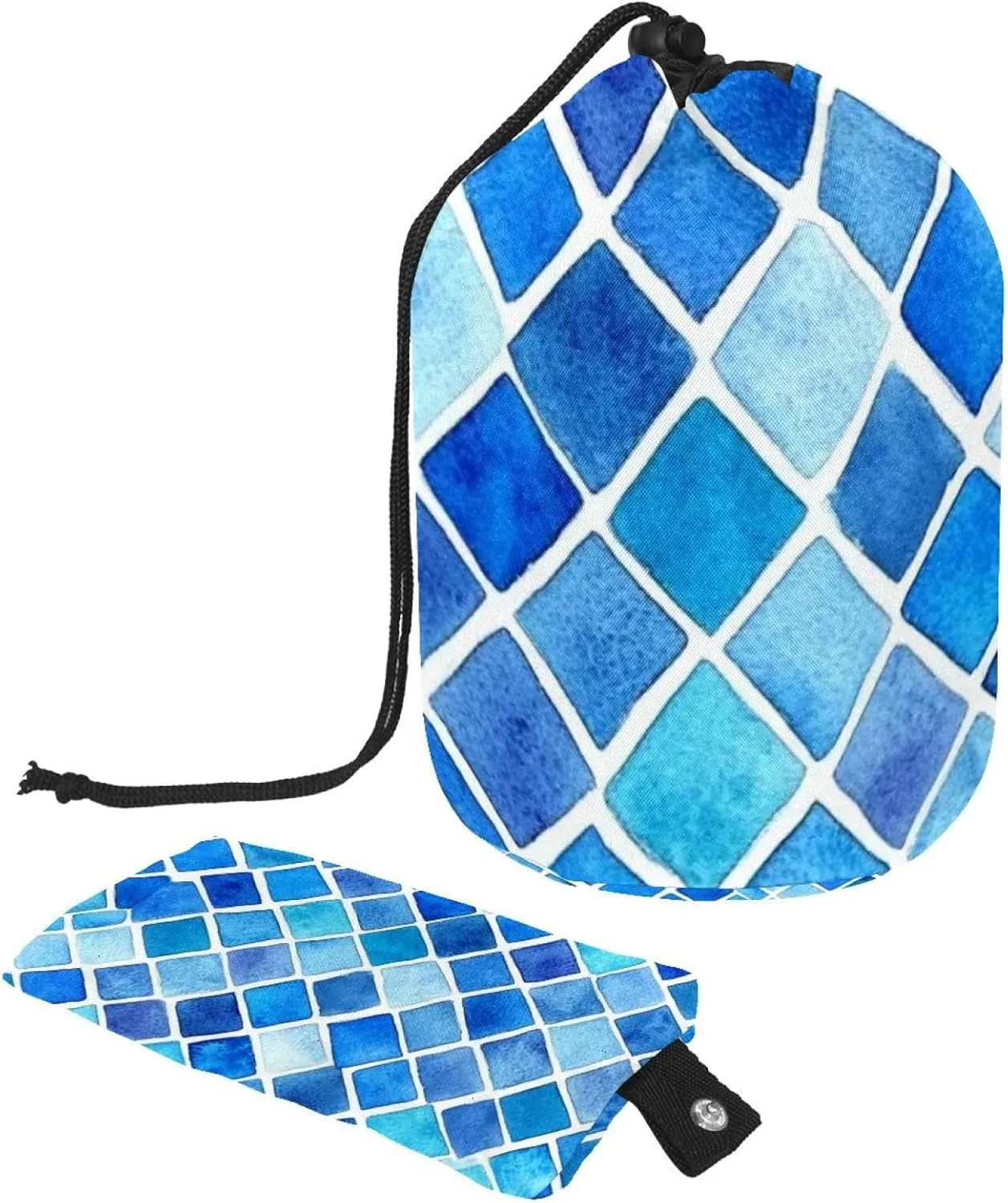 Watercolor Blue Mosaic Geometric 61 Travel Cosmetic Bags Makeup Bag for Women, Foldable Drawstring Travel Cosmetic Bags, Portable Toiletry Bucket Bag