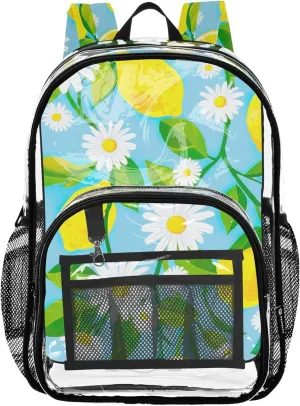 White Daisies Yellow Lemons Clear Backpack for Women Girls Backpack Kids Boys Approved See through Bag