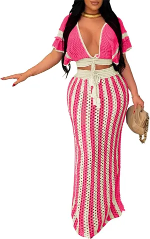Women 2 Piece Outfits Knit Striped Hollow Out Short Sleeve Top Maxi Skirts Set