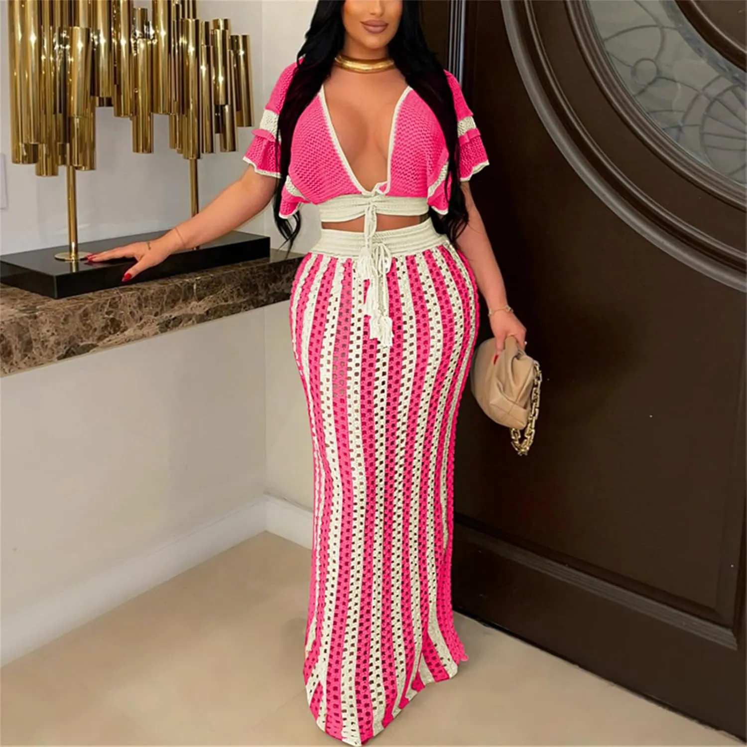 Women 2 Piece Outfits Knit Striped Hollow Out Short Sleeve Top Maxi Skirts Set