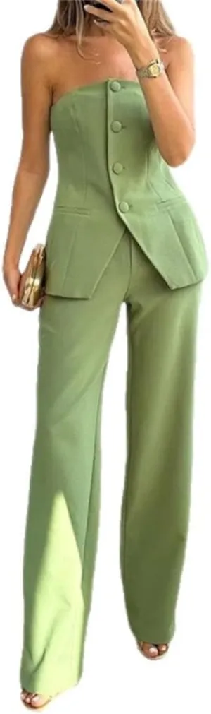 Women 2 Pieces Business Suit Sleeveless Button Down Tube Tops and Long Pants Solid Work Casual Clothing Outfits